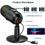USB Microphone Plug and Play Gaming Mic for PC Mac PS4/5 Podcast Microphone with RGB Mute Monitor Noise Reduction Volume Gain 2