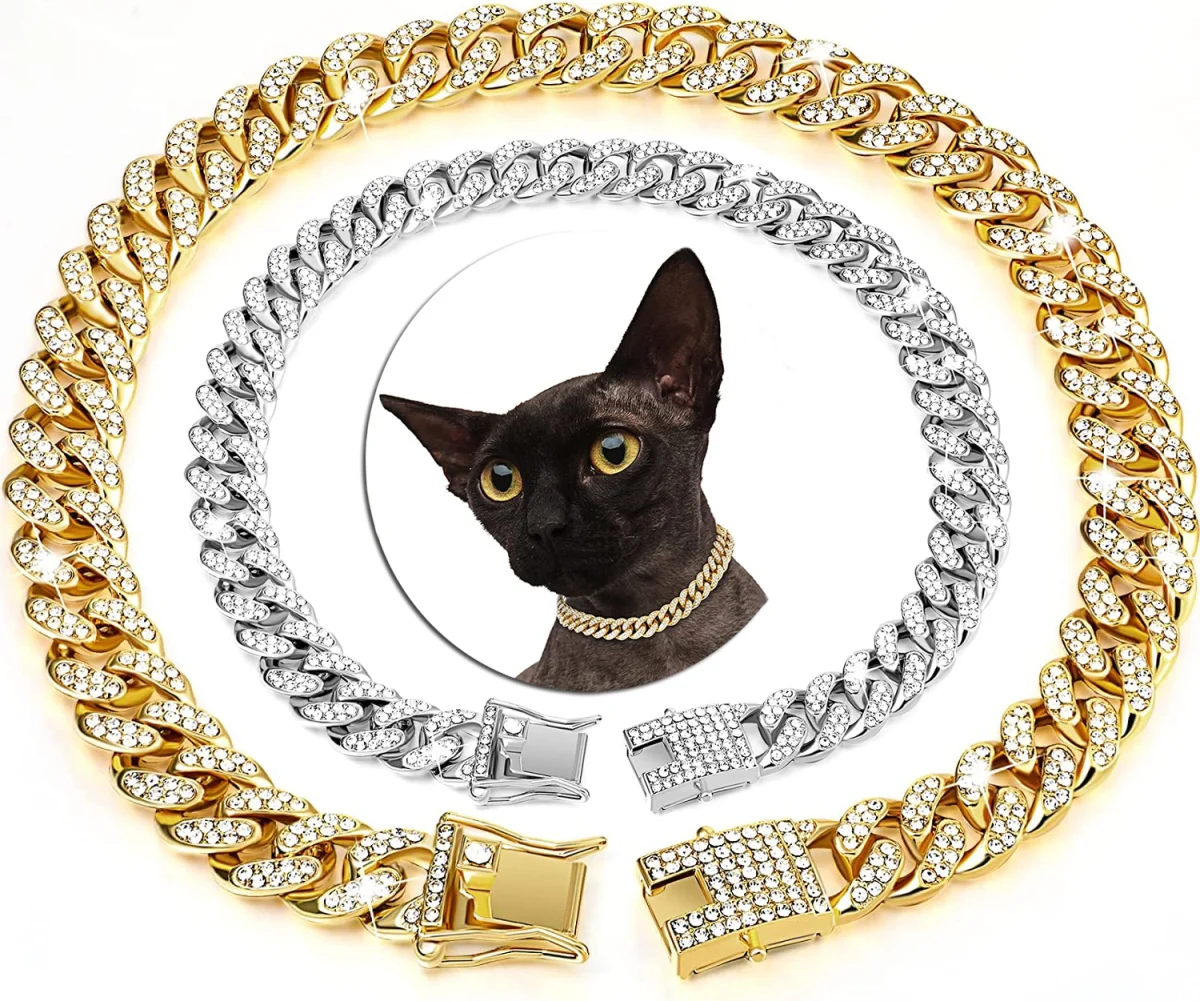 Fashion Jewelry Accessories Gold Cuban Chain Cat Collar Luxury Crystal Rhinestone Pet Kitten Necklace for Cats 2