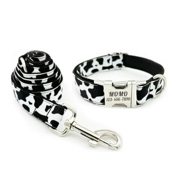 Personalized Cow Pattern Pet Collar Custom Puppy ID Tag Adjustable Cat Accessory Black White Basic Dog Collars Leash 1