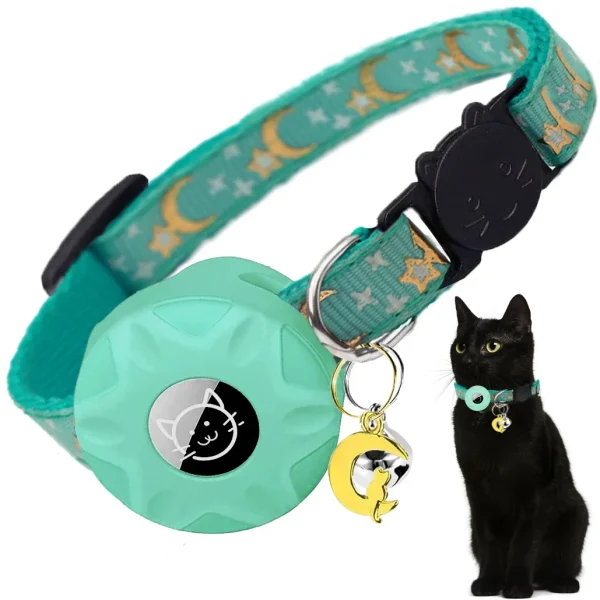 Apple Tag Pet Collar with AirTag Holder & Moon Ornament for Kitten Collar Girl Boy Cats, Small Dog Collar Kitten Accessories 1