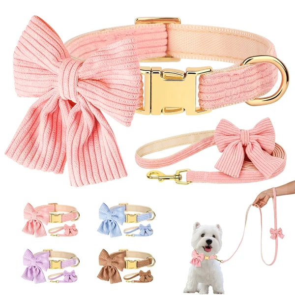 Cute Dog Collar Leash Set With Bowknot Soft Velvet Puppy Dogs Collars Outdoor Pet Walking Lead For Small Medium Dogs Chihuahua 1