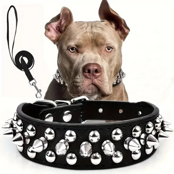 Spiked Dog Collar And Leash Set, Rivet Leather Dog Collar Adjustable Dog Collar For Outdoor Walking 1