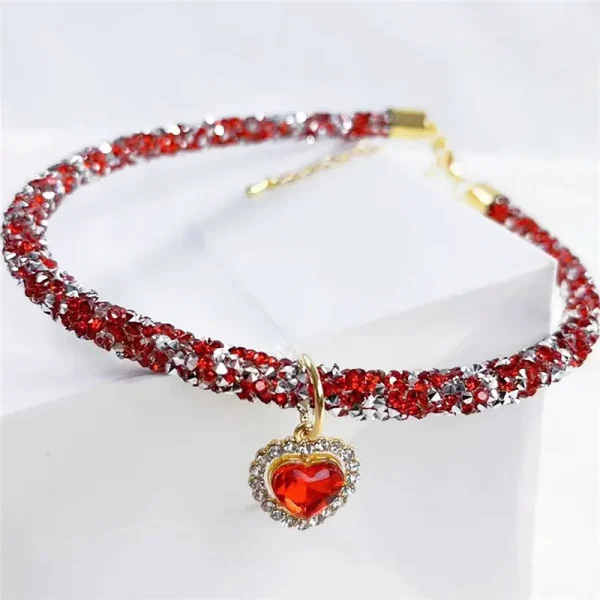 Crystal Cat Collar Heart Gem Pendant Party Rhinestone Necklace Adjustable Cats Puppy Chihuahua Wedding Pet Accessories 3