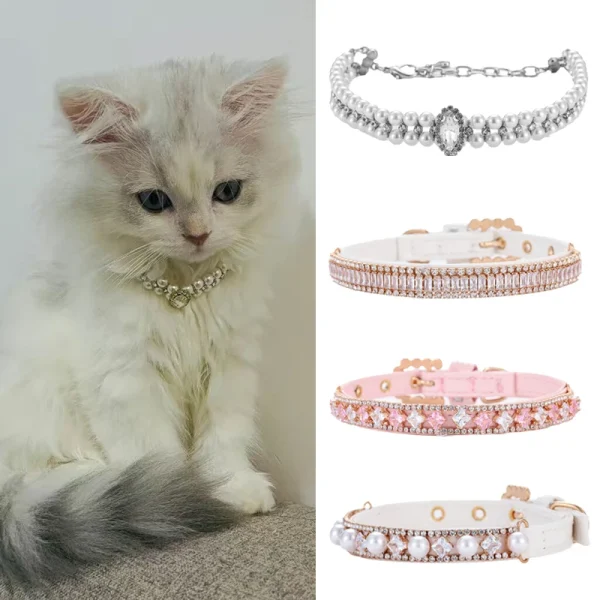 Luxury Cat Puppy Pearl Necklace Rhinestone Collar for Cats Small Dogs Ragdoll Cat Sphynx Necklaces Pet Accessories collier chat 1