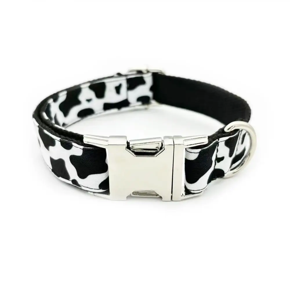 Personalized Cow Pattern Pet Collar Custom Puppy ID Tag Adjustable Cat Accessory Black White Basic Dog Collars Leash 2