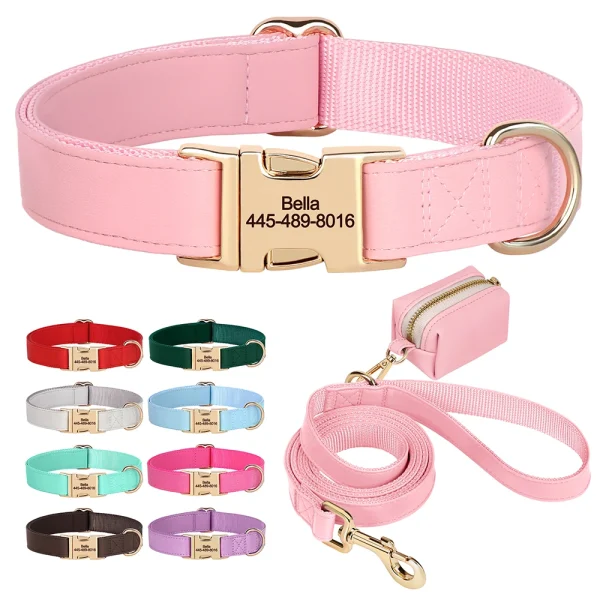Personalized Dog Collar Leash Bag Set Custom PU Leather Dog Collars Colorful Pet Necklace With Leashes Poop Bag for Dogs Pug 1